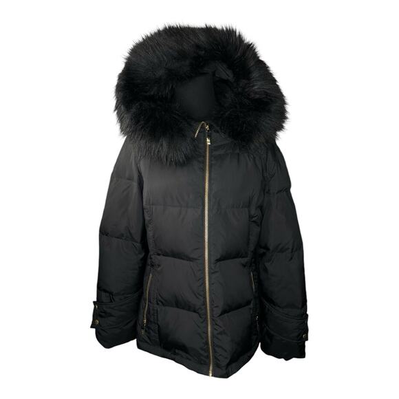 CALVIN KLEIN Black Hooded Down Puffer Coat Jacket Faux Fur Trimmed Size L Read - Picture 1 of 16
